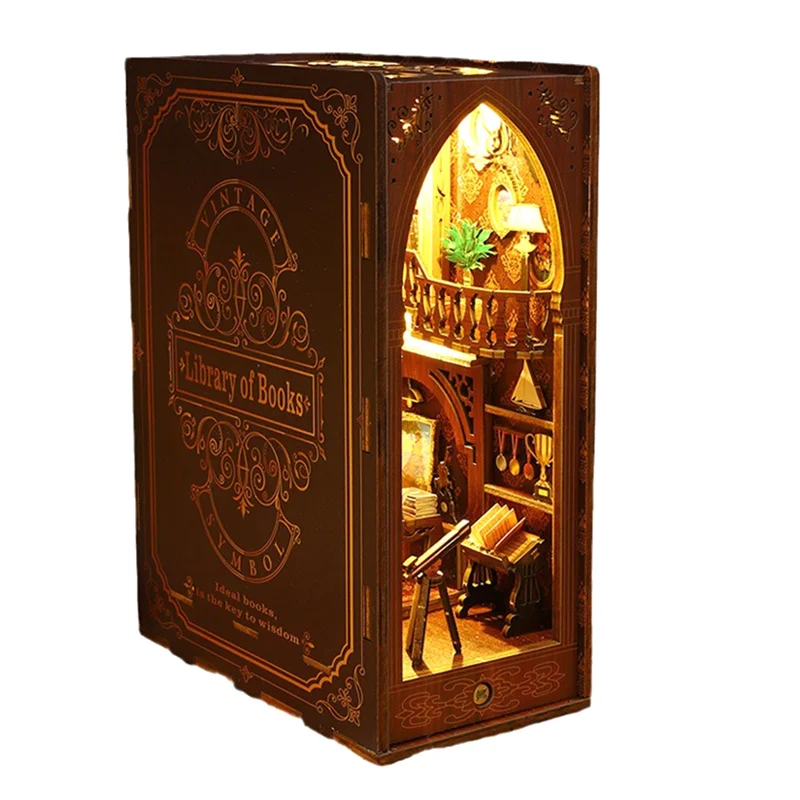 

ODIES-DIY Book Nook 3D Wooden Puzzle Bookend Set For Bookshelf Decor, With Light Model Kits For Adults