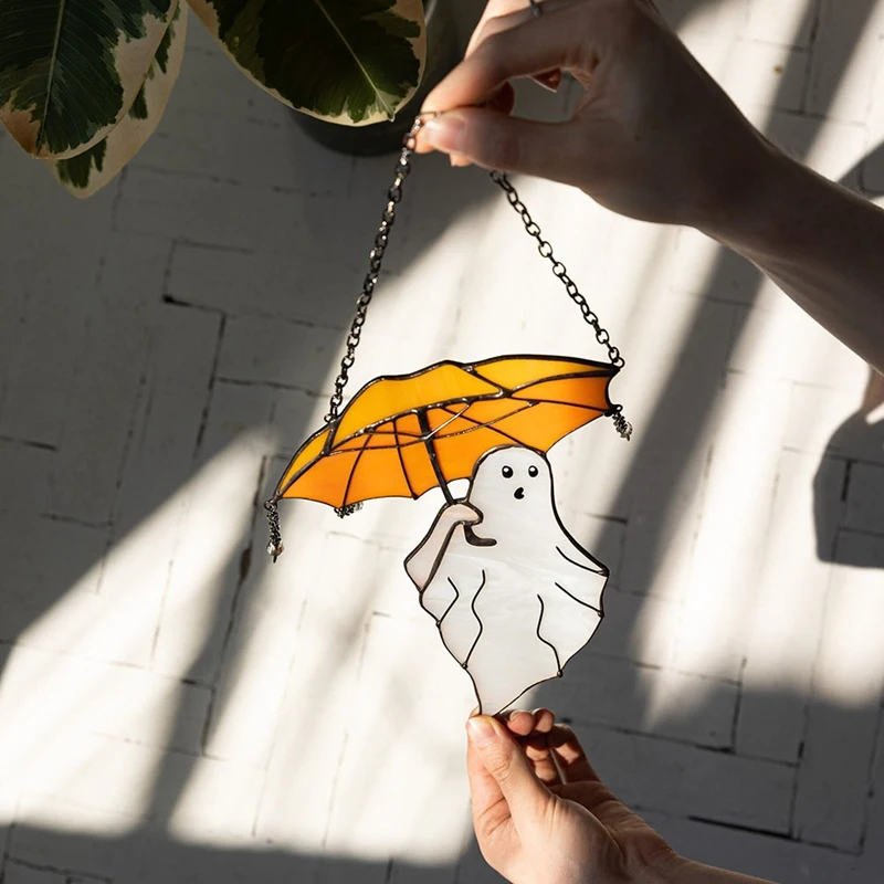 SEWS-Funny Halloween Ghost With Umbrella Stained Suncather Halloween Decor, Wall Sun Catcher