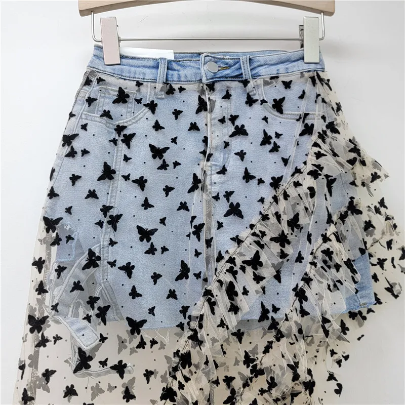 American Fashion Irregular Mesh Embroidery Butterfly Skirt Splicing Denim Elastic A Line Short Skirt Women Clothing 2025 New