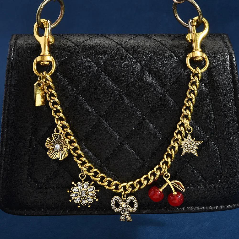 Chunky Purse Chain Charm Alloy Link Extender Double Lobster Clasps Rhinestone Cherry Bow Pendant Decorative Bag Strap Accessory
