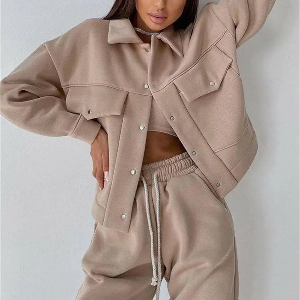 Autumn Tracksuit Women Two Piece Set Lapel Long Sleeve Solid Color Warm Jackets Drawstring Pants Suit ensemble jogging femme