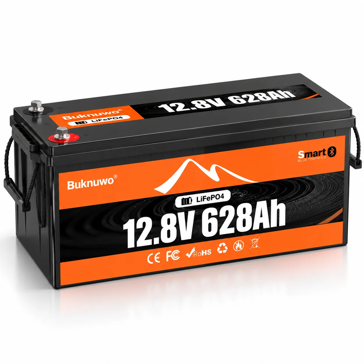 BUKNUWO 12V 628Ah Smart Lithium Battery (8038Wh), supports wireless tracking via a mobile app, uses LiFePO4 cells, and is suitable for fish finders, trolling motors, boats, golf carts, kayaks, and yachts