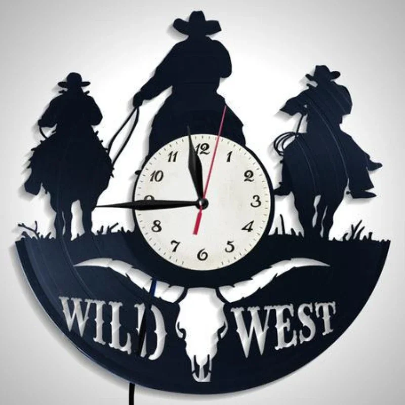 Retro Art Vinyl Record Wall Clock Western Art Remote Control LED Wall Clock Western Cowboy Home Decoration Gift Clock