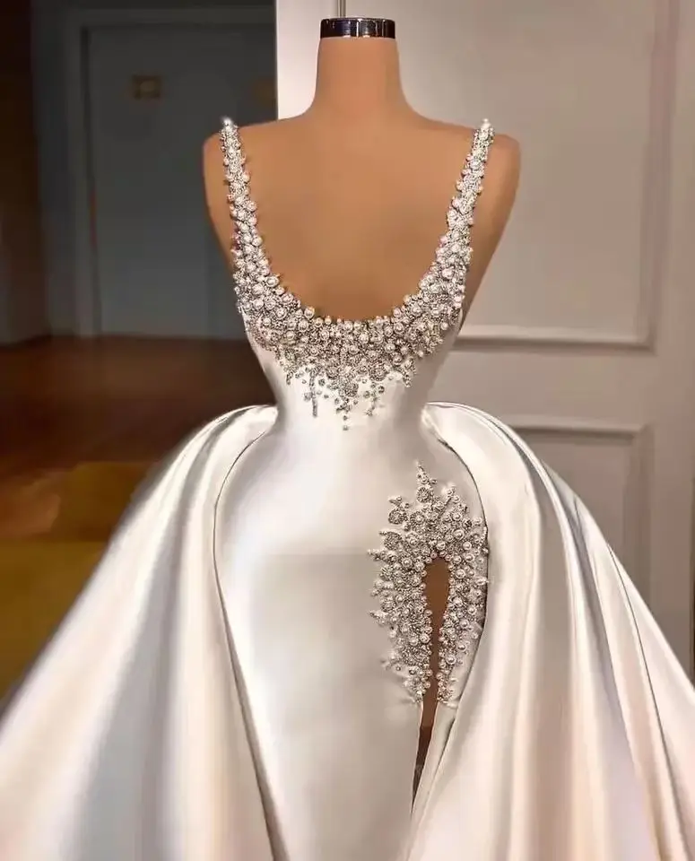 Vestidos de novia Grace de satén personalizados de alta calidad, lujo 2025, para novia, perlas, falda extraíble dividida, fiesta nupcial, boda