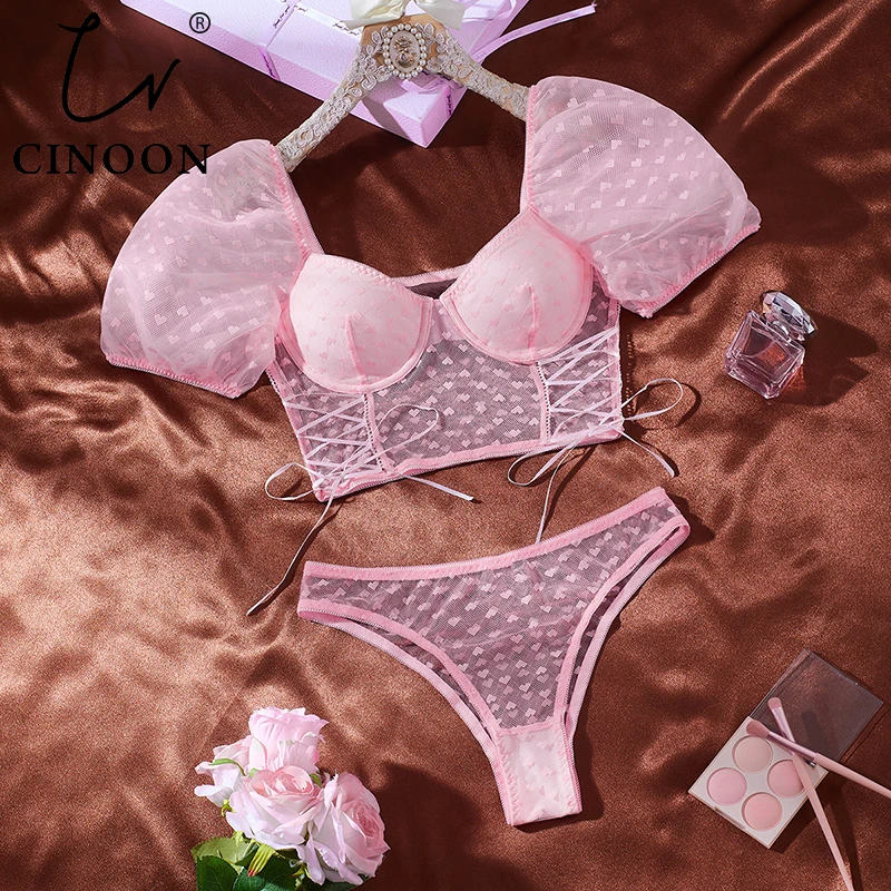 

CINOON Women Sexy Sheer Lingerie Puff Sleeve Lace Bra Set Transparent Mesh Intimates Set Charming Crisscross Lace-up Underwear