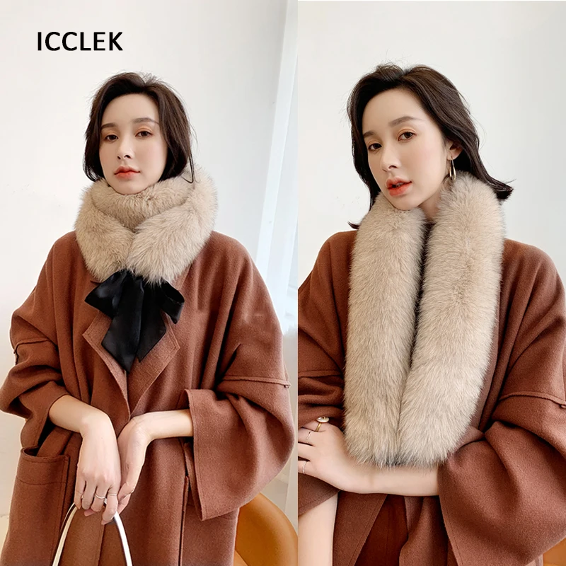 

100CM Real Fox Fur Collar Women Detachable Ribbon Ring Scarf Coat Decor Fur Trim For Hood Winter Warm Long Size Luxury Fur Scarf