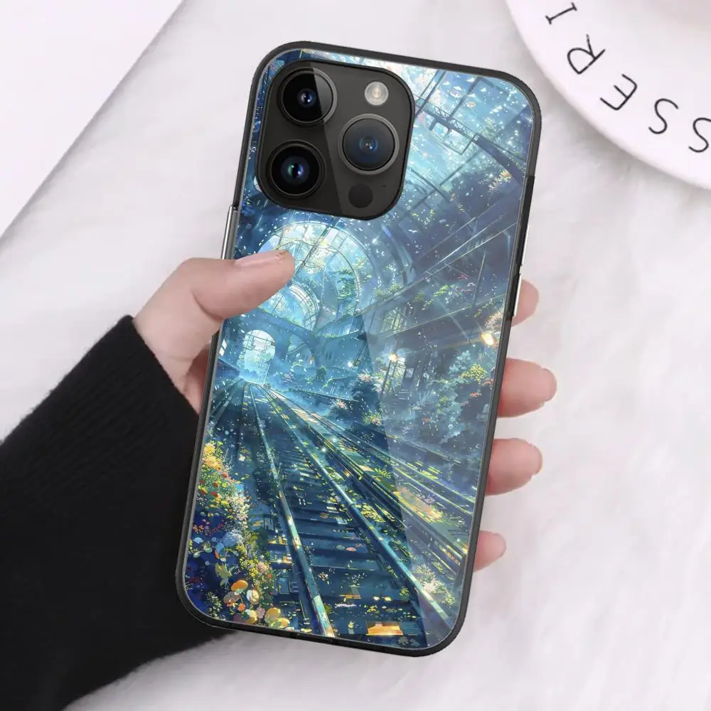 City starry night Phone Case For iPhone 16 Pro Max 15 14 13 12 Mini 11 XR XS 8 7 Plus Black Art Glass Cases