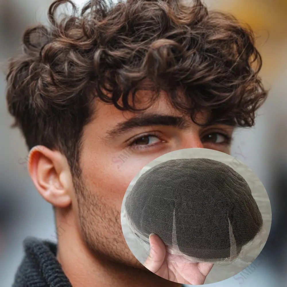 

26 мм мужской вьющийся парик, реалистичный мужской протез для волос, дышащий, невидимый, французский, полный кружевной, мужской парик, 100% натуральные человеческие волосы