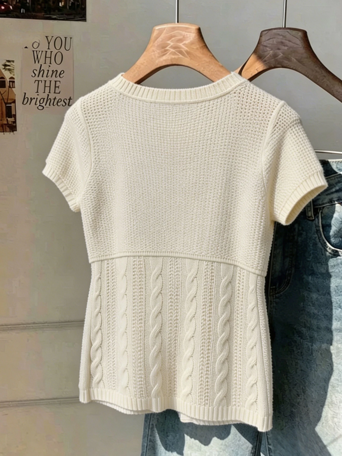Boho Short Sleeve Knit Cardigan Women U Neck Button Down Cable Knit Patchwork Casual Summer Top view 5