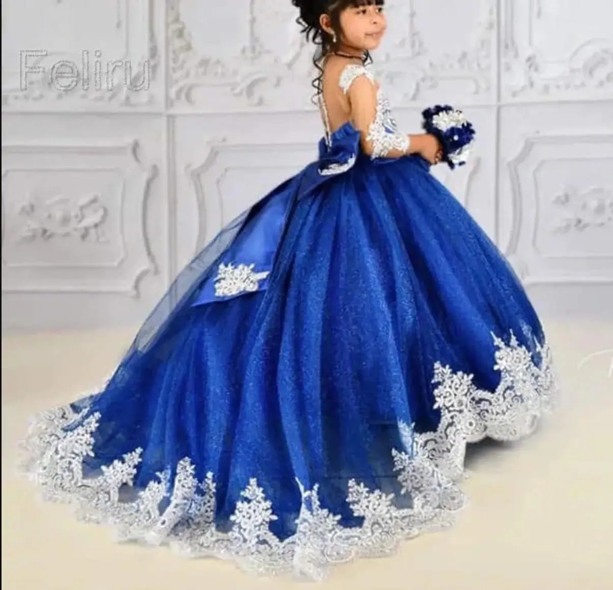 

Dusty Blue Flower Girl Dresses For Wedding robe de mariage Kids Pageant Gowns Tulle Ruffled First Communion Dress