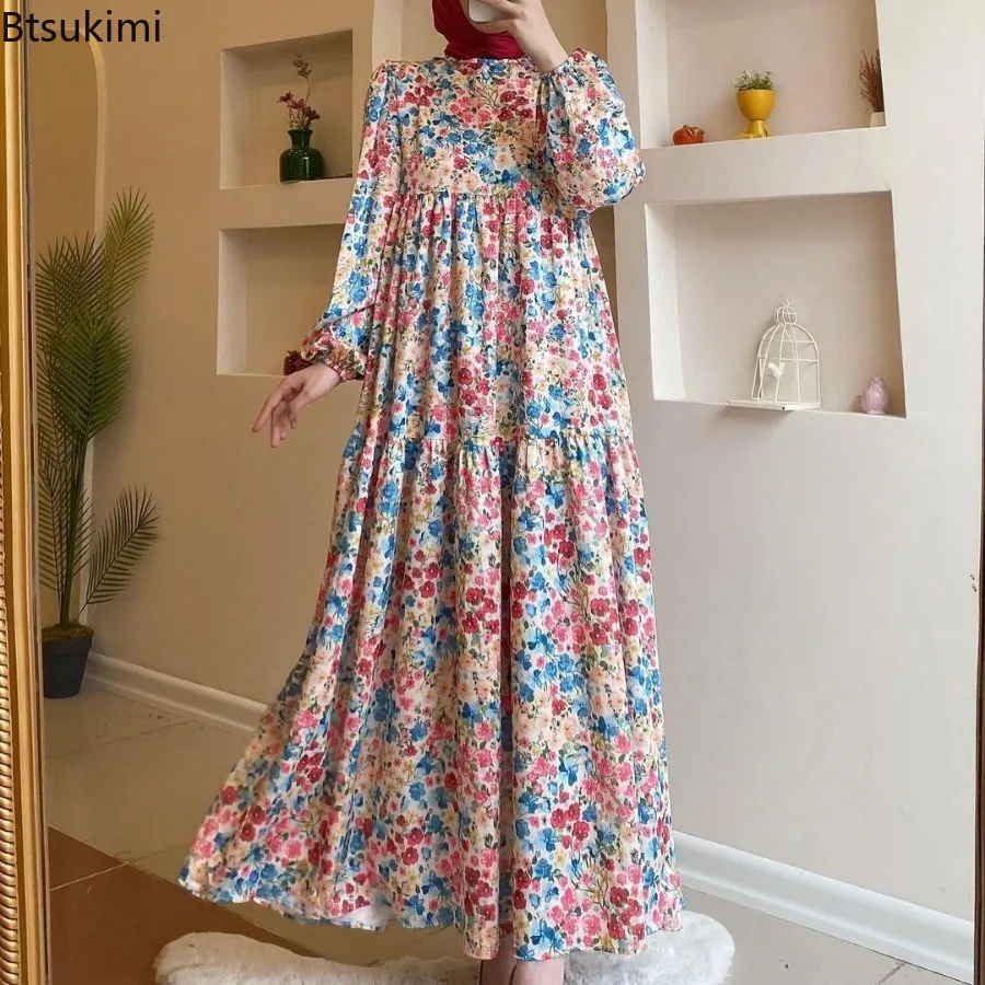 

Muslim Fashion Women Flower Print Long Dress Casual Long Sleeve Big Swing Dress Dubai Islamic Clothing Women Vintage Abaya Robes