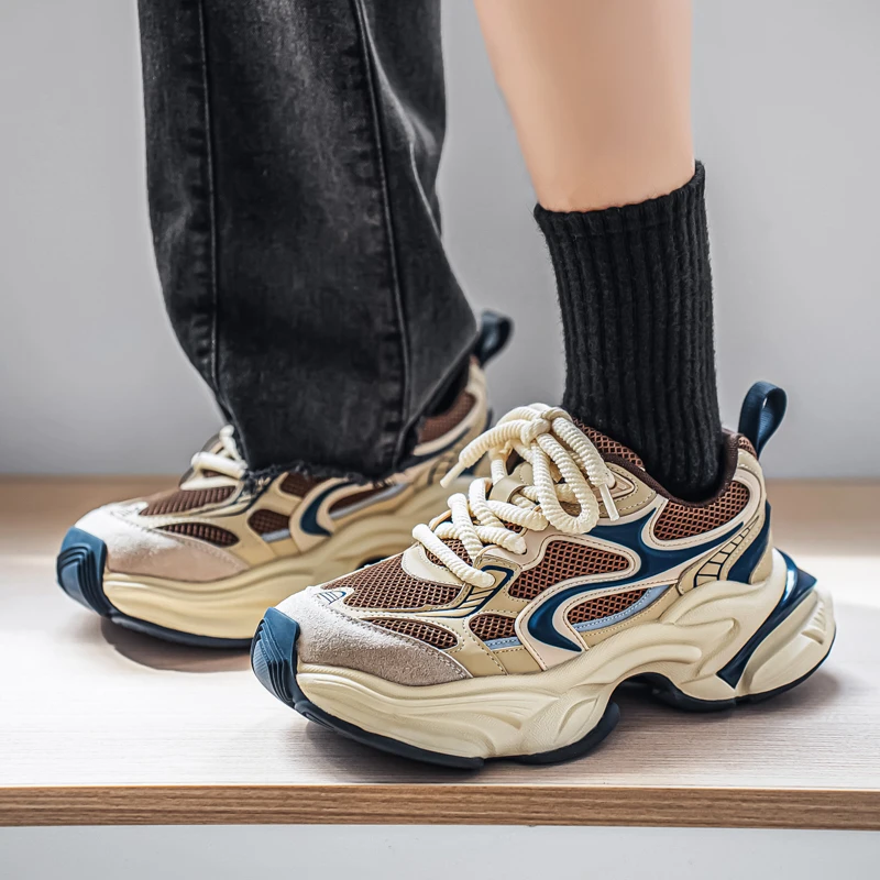 Herren-Dad-Sneaker, atmungsaktives Obermaterial aus großem Mesh, dicke Juteschnürsenkel, farblich abgesetzte dicke Sohle, höhenvergrößernd und rutschfest, retro-trendiger Stil, mehrere Farboptionen verfügbar, vielseitige Freizeitschuhe für den täglichen Arbeitsweg und die Straßenmode. – Detail 8