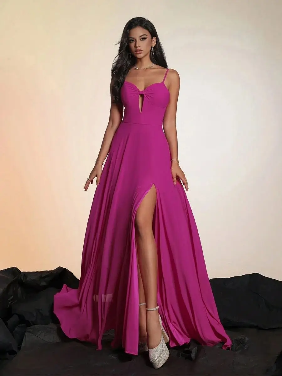 Satin Spaghetti Straps A-line Evening Dresses Sweetheart Sleeveless Hollowed High Split Prom Dress Floor-Length  Party Gowns