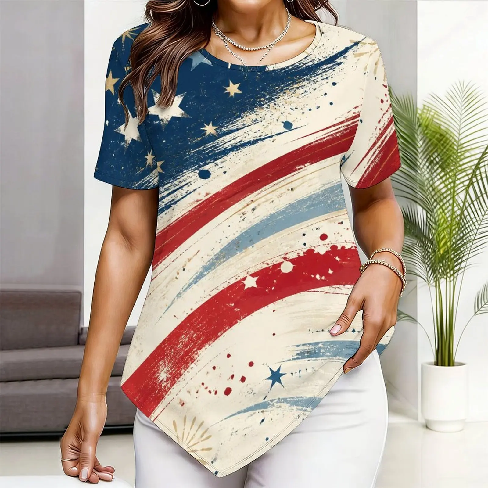 Women Printed Top Round Neck Short Sleeve Pointed Hem