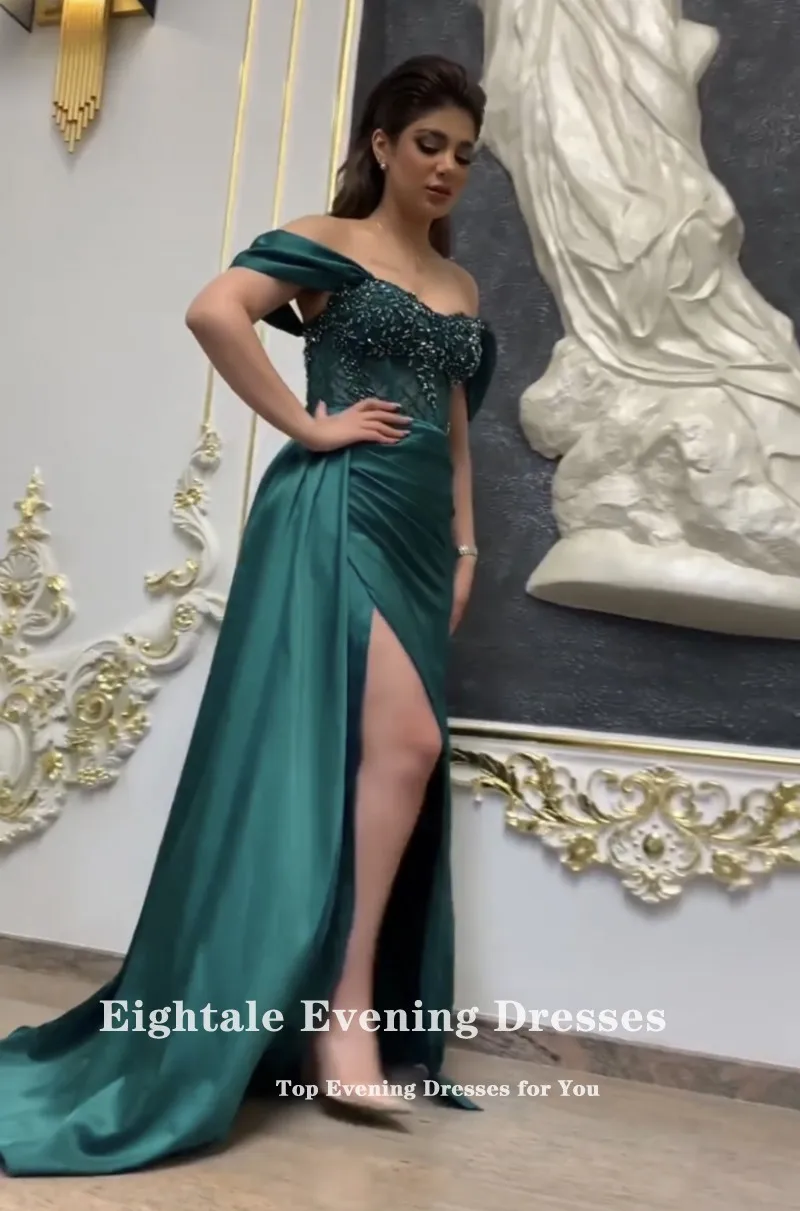 Eightale Plus Size Evening Dress for Wedding Party Satin Beaded Appliques Off the Shoulder Mermaid Prom Gowns Customzied Dress