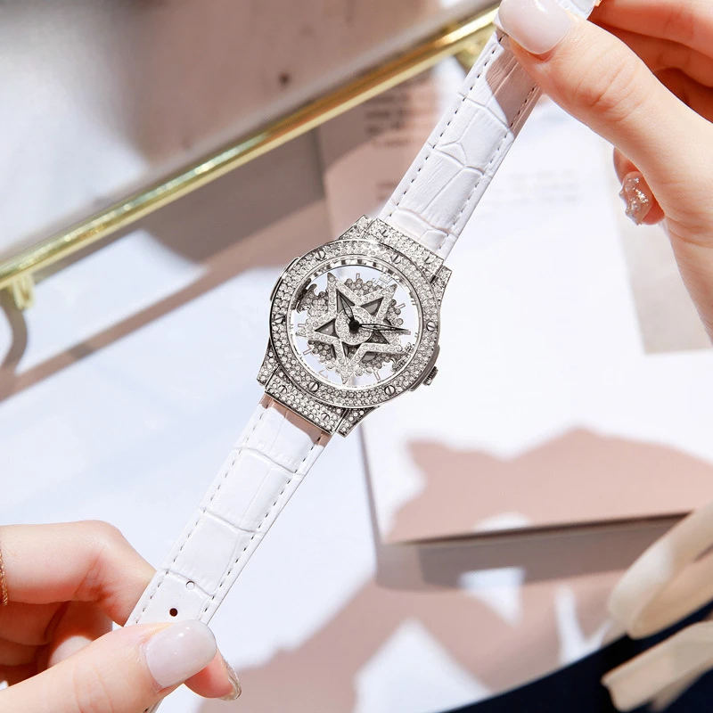 Часы для женщин, легкий роскошный кожаный ремешок, вращающаяся на 360° звезда, снежинка, полые бриллианты, женские часы