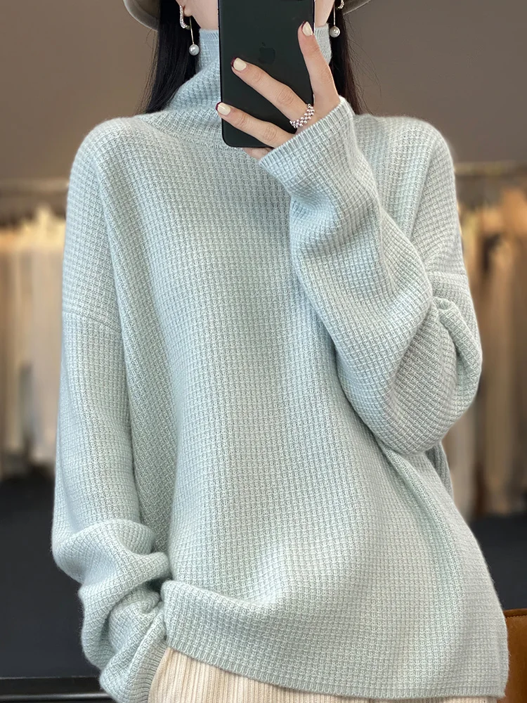 

100% Merino Wool Women's Sweater LongSleeve Top Turtleneck Pullover Knitwear Cashmere Jumper Soft Outerwear Sweater Fashion Warm