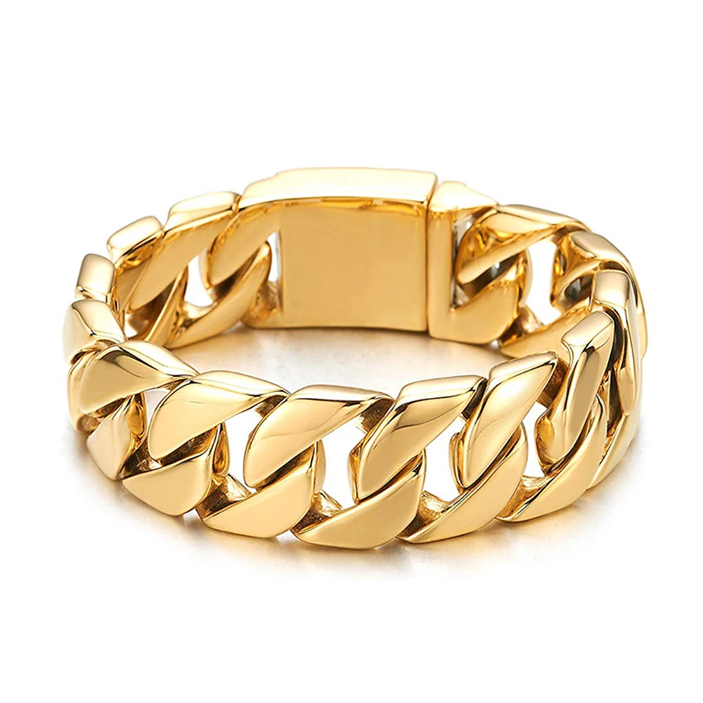 20mm Punk 18K Gold Color Curb Cuban Chain Bracelet Men Women Hiphop Retro Black Blue Stainless Steel Bike Biker Bangle Jewelry