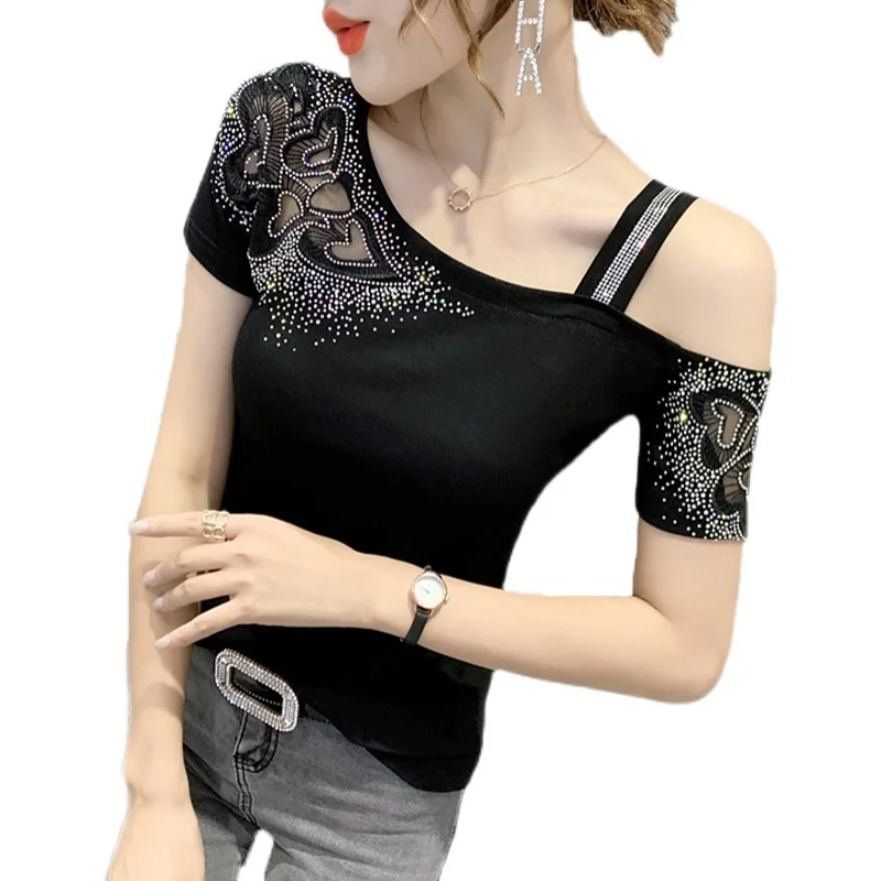 Sexy oulder Bared T irt Donna ort Sve Summer Faion Design Sense Little Cro Quali Top Trendy Hotfix Strass...