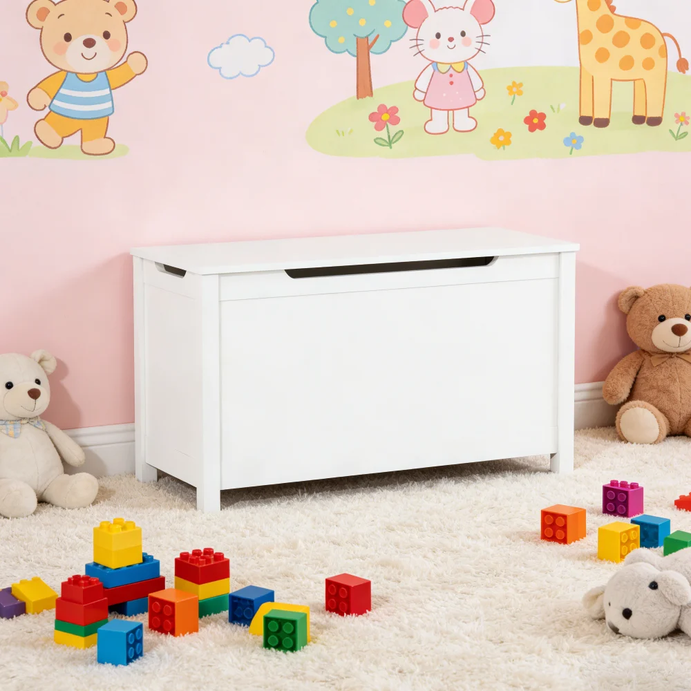Orraves Kids Wooden Toy Box Storage with Safety Hinged Lid for Ages 2+ (White)