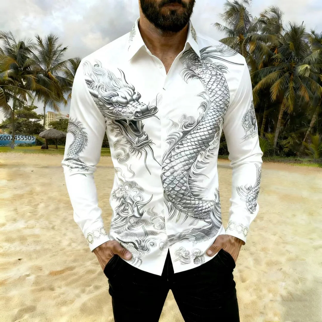 

Men's multi-color dragon-pattern long-sleeved shirt, casual and fashionable button-down shirt, daily resort hat, men's 3D printe