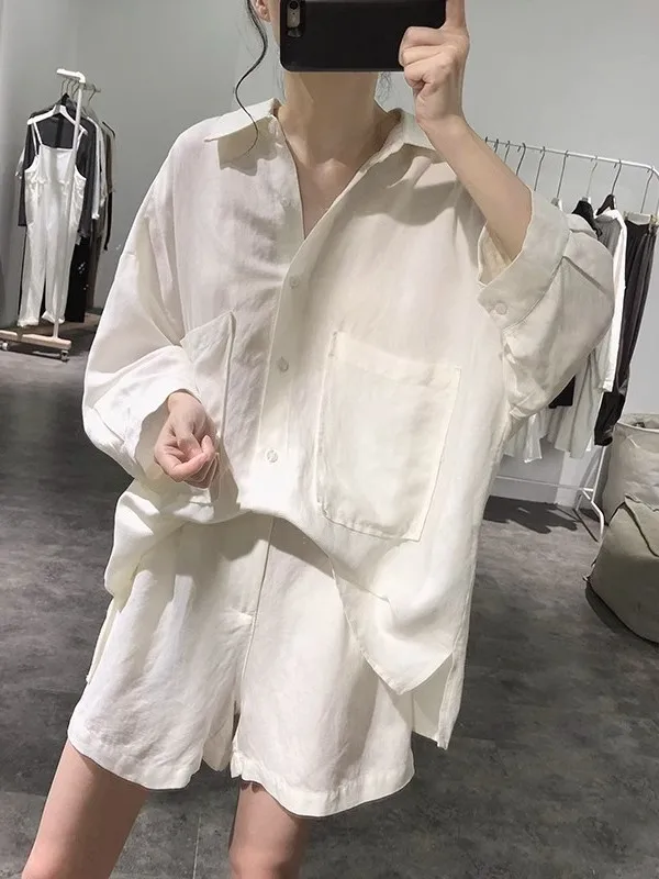 Setelan Linen Ringan Wanita Longgar Musim Panas Dua Potong Setelan Wanita Fashion Kancing Panjang S...