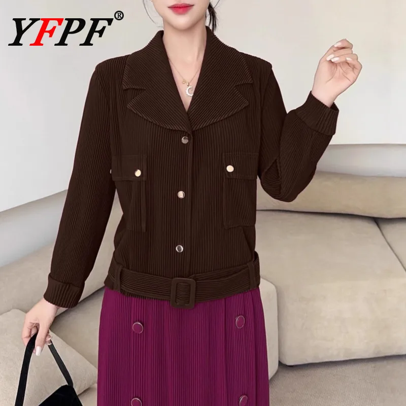 

YFPF Miyake плиссированная рубашка женская повседневная рубашка с лацканами и карманами на пуговицах однотонная блузка топы мода 2025 новая одежда