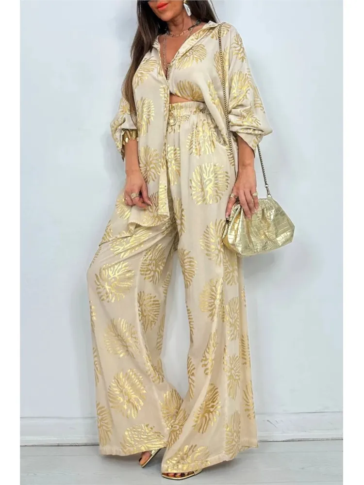 

Fashion Lapel Long Sleeve Single-breasted Cardigan Top +pants 2-piece Set For Women Autumn Hot Stamping Print Casual Suit Female