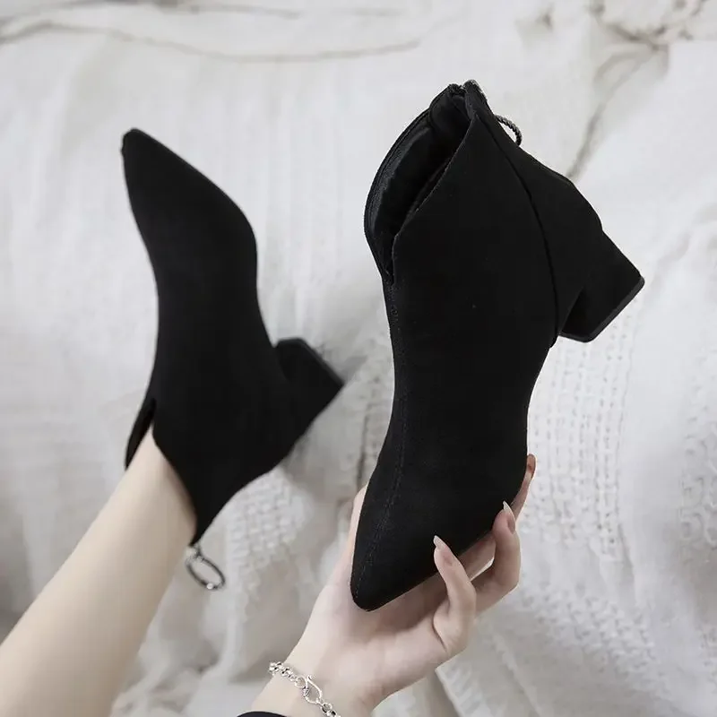 New Women V-mouth Short Boots Autumn Thick Heel Work Shoes Versatile Pointed Toe Suede Ankle Boots Casual Back Zip Botas