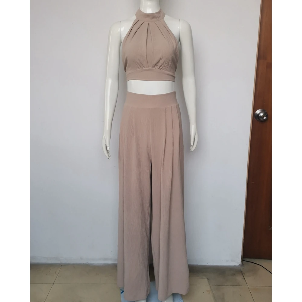 Women Halter Backless Ruched Crop Top & High Waist Wide Leg Pants Set Causal Two Pieces Sexy Solid Pants Suit Summer Clothing