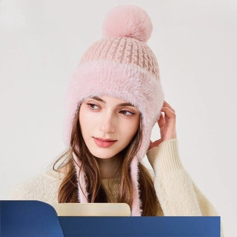 Hot Sale Winter Knitted Ear Cap Women's Premium Sense Plush Ear Wrap Strap Large Hairball Windproof Warm Pullover Cap