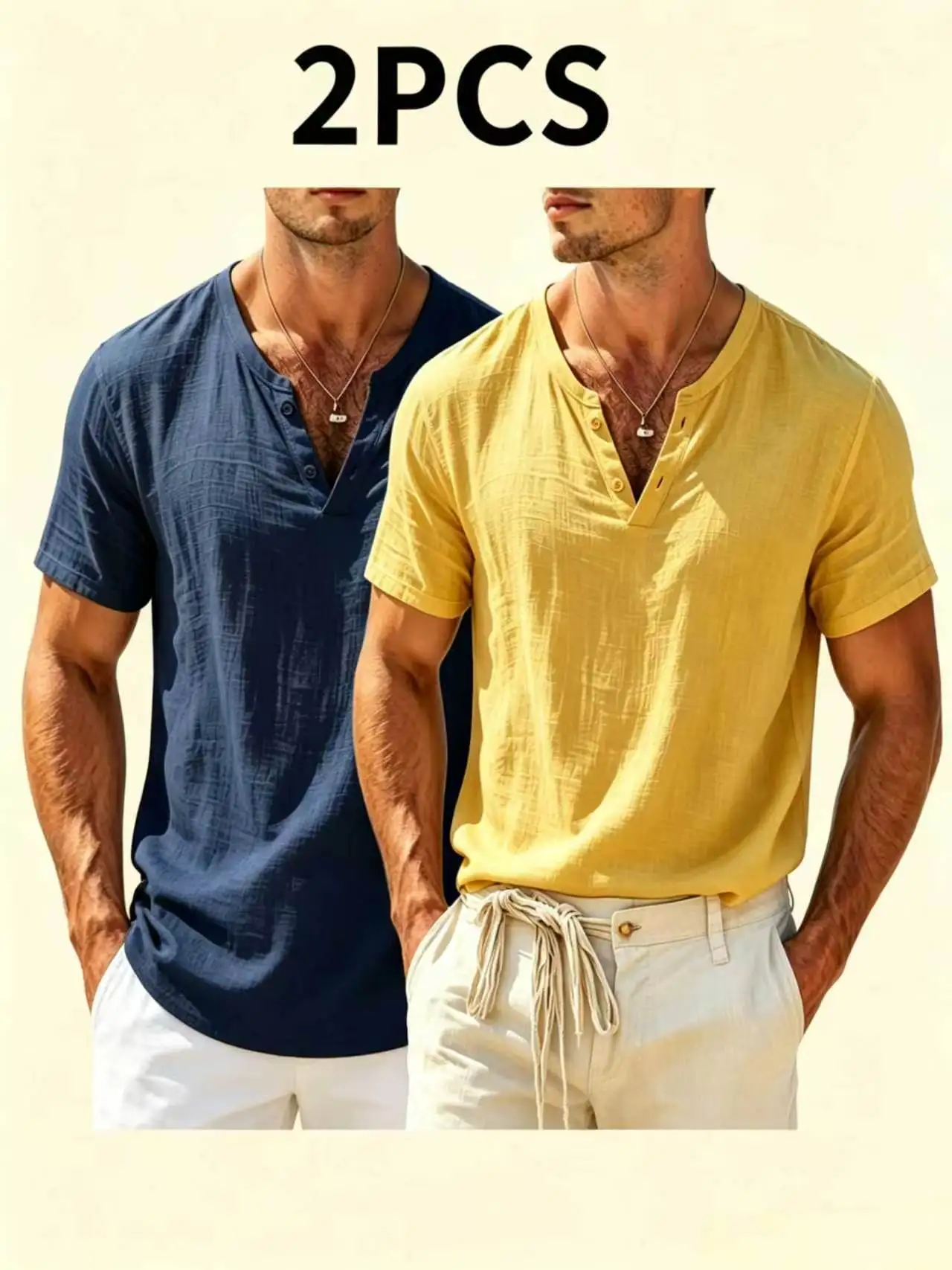 2pcs Men's Cotton Linen Henley Short Sleeve Shirts Lightweight Breathable Casual Solid Color Summer Beach Daily Wear Tees Pack
