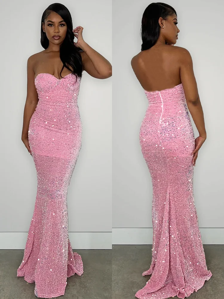 

Romagic Elegant Pink Strapless Maxi Bridesmaid Dress Sequin Sleeveless Wedding Party Evening Prom Dresses For Women Spring 2024