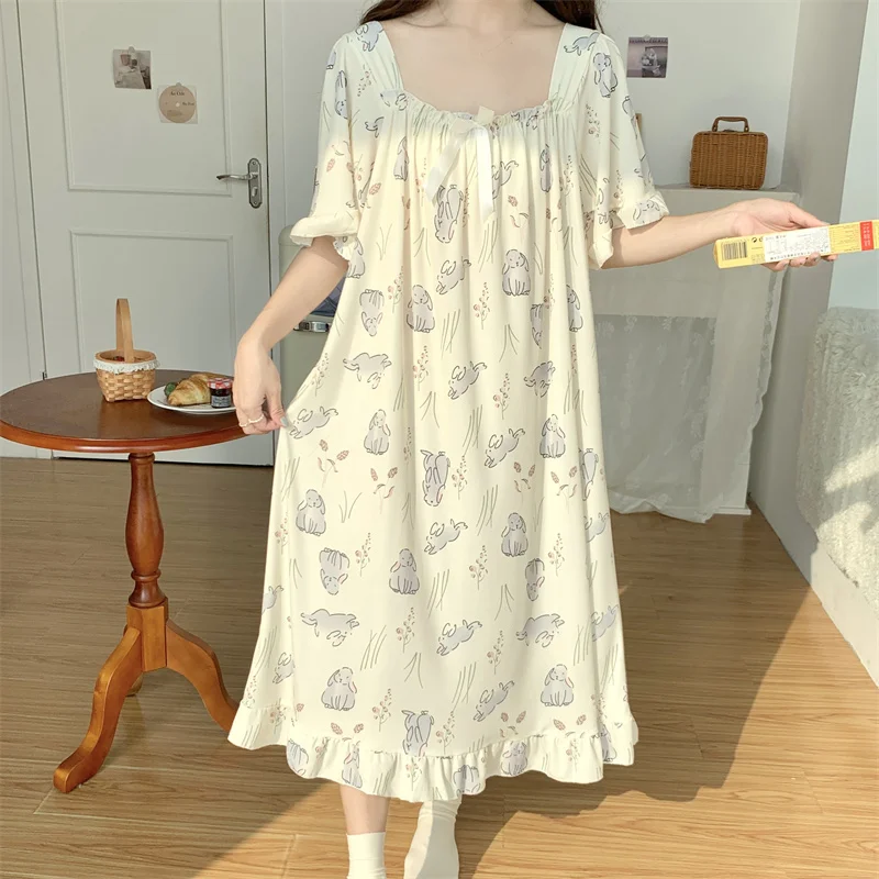 Plus Size 5XL 150KG Summer Women Sleep Dress Flower Nightdress Short Sleeve Home Wear Sweet Nightgown