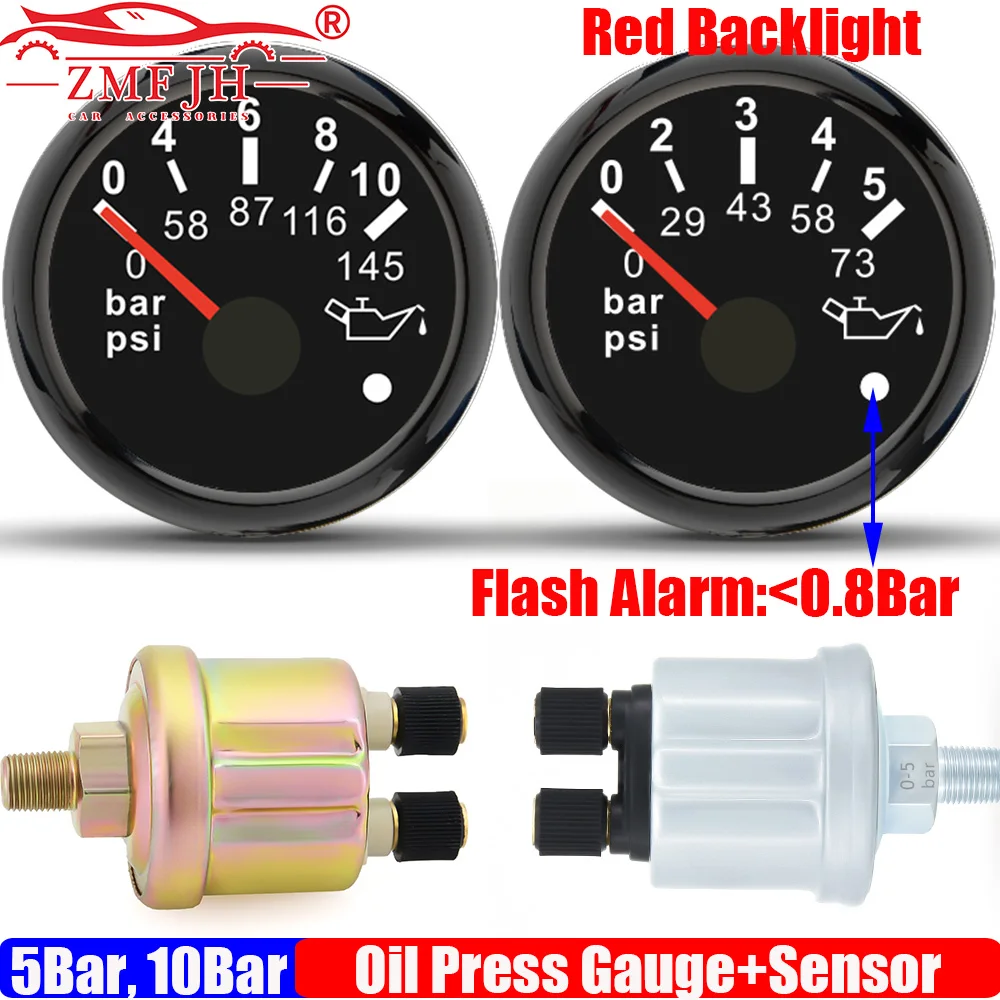 

ZMFJH Red Backlight 2"52MM Oil Pressure Gauge with Sensor Flashing Alarm 0-5Bar,0-10Bar Oil Press Meter for Auto Car Boat Yacht