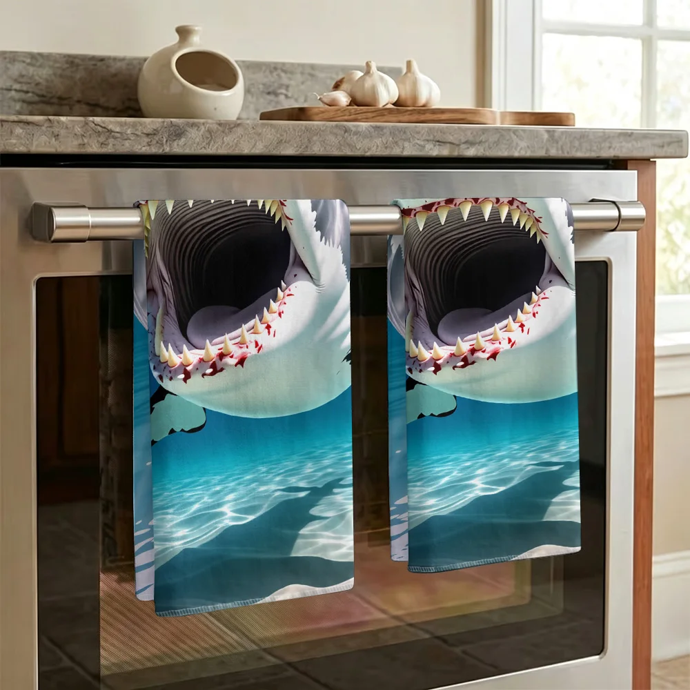 1pc/2pcs Great White Shark Print Kitchen Towel-Super absorbent, reusable polyester dishcloths perfect for home decor, cooking, b