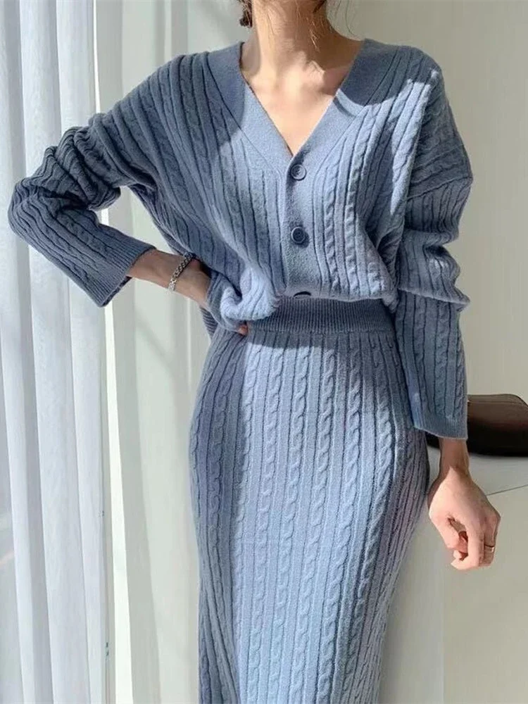 

Шерстяные женские свитера большого размера, комплекты из 2 предметов, элегантные вязаные костюмы, женская вязаная юбка, свитера, винтажный женский кардиган, зимний