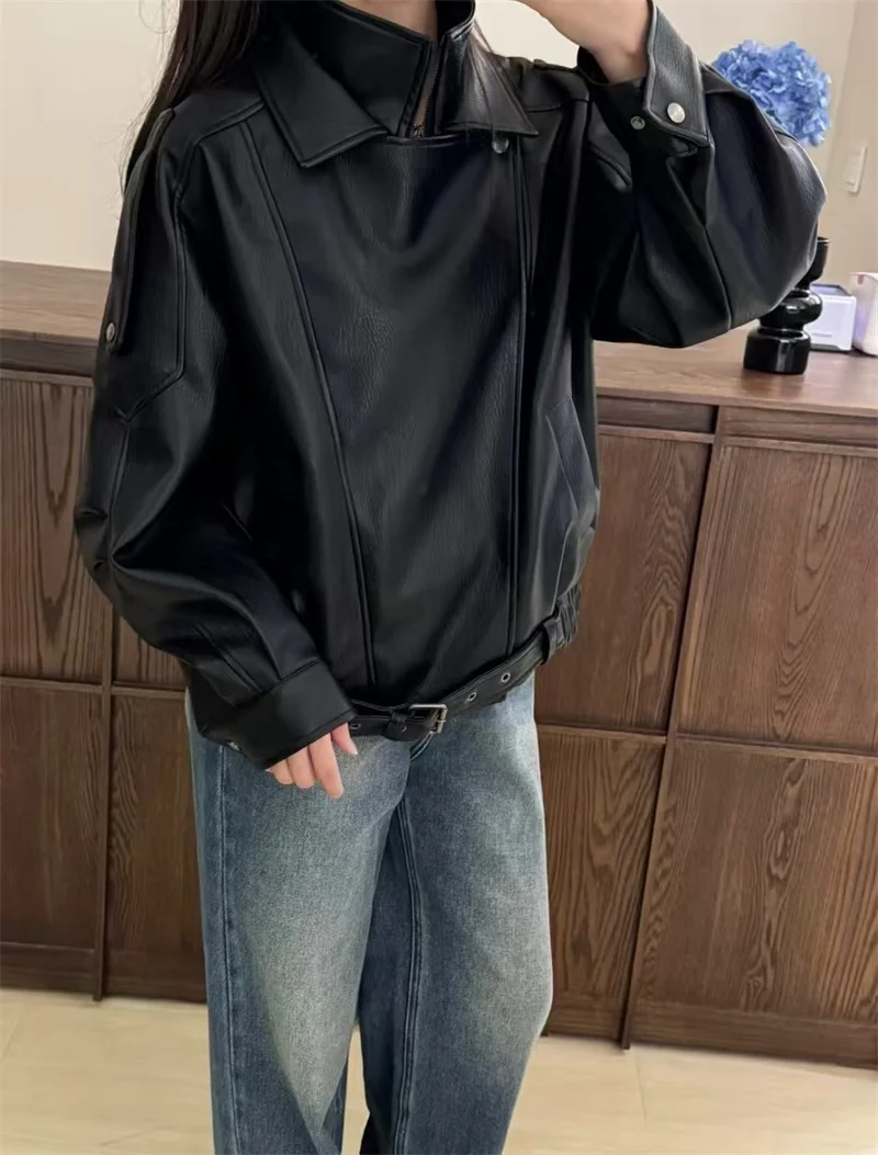 Guobioziy 2026 Fall New Women's Jacket 2026 Fall New Release Loose Faux Leather Biker Jacket Parka European and American Style