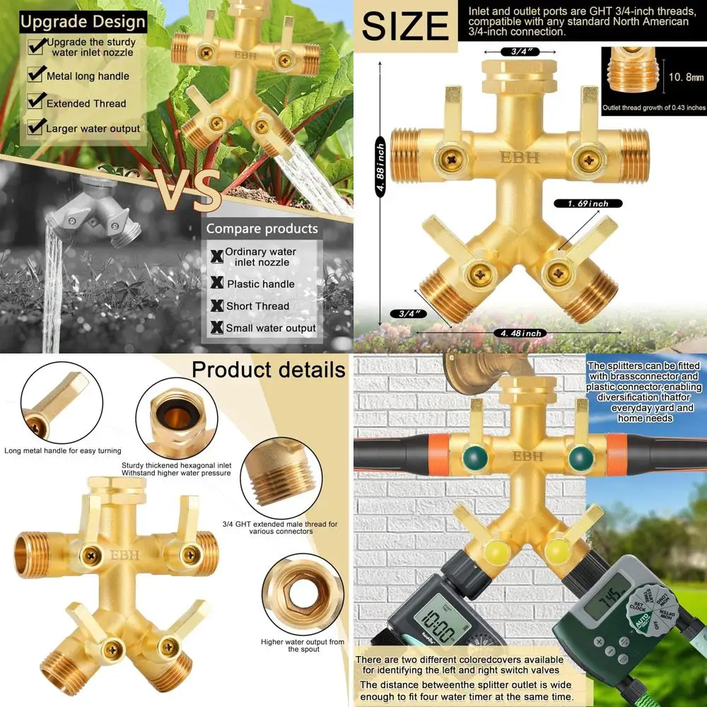 

4-Way Heavy Duty Brass Hose Splitter with Full Flow and Individual Shutoff Valves