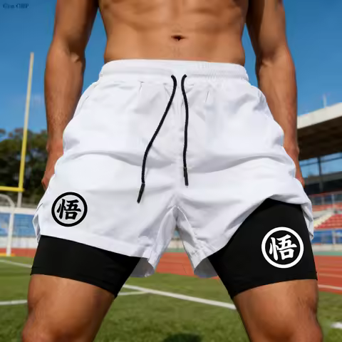 2026 Summer Goku Anime Running Shorts Men Fitness Gym Training 2 in 1 Sports Shorts Quick Dry Workout Jogging Double Deck Shorts