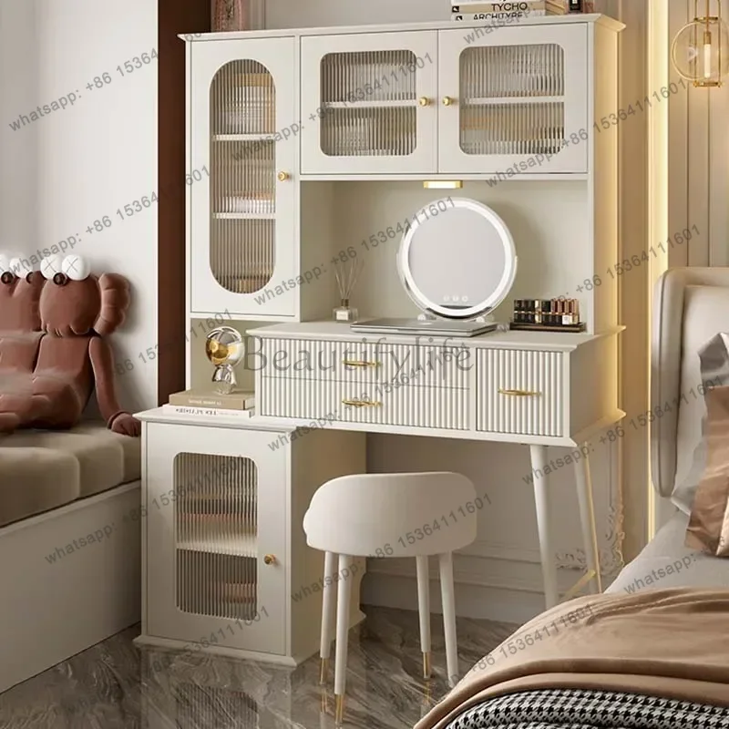 LJY Aesthetic White Vanity Table Mirror Chair Organizer Vanity Dressing Table Modern Small Comoda Pra Quarto Bedroom Furniture