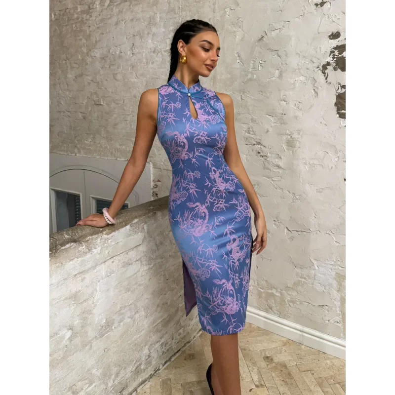 Chinese Style Improved Cheongsam Dress Women Sleeveless Slim Fit Retro Jacquard Print Stand Collar Waist Cinching Medium Long