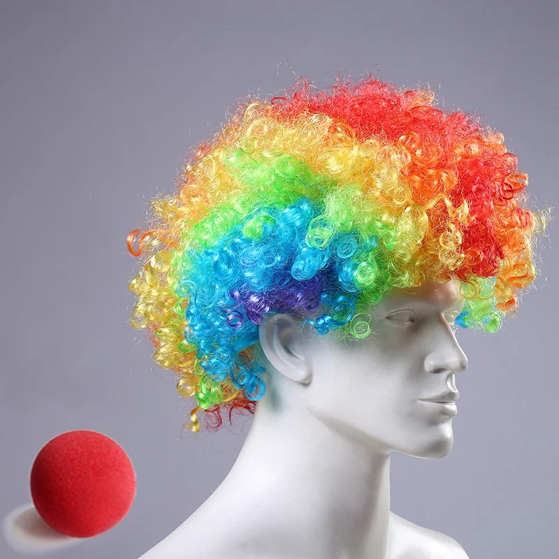 Colorful Clown Wig Afro Curly Synthetic Wig Cosplay for Men Women Mardi Gras Party Wig Red Green Yellow Blue Wig Clown Nose