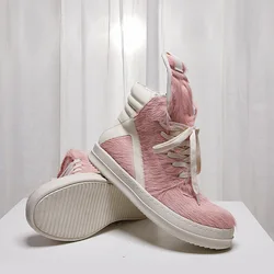 High Street Brand Pink Horsehair Sneaker Men Lace-up Thick Soled High Top Round Toe Women Shoes