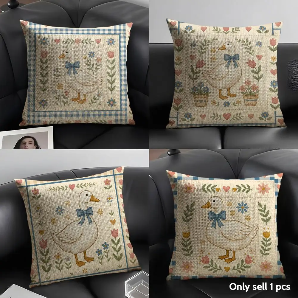 Farmhouse Duck Vintage Cushion Cover Natural Linen Pillow Case Organic Fabric Double Sided Print Sofa Home Decor Gift