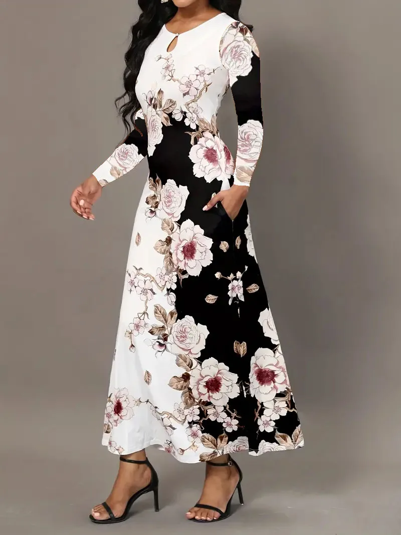 Round neck, long sleeved, printed pockets, waist cinching, large hem skirt, oversized long skirt for women