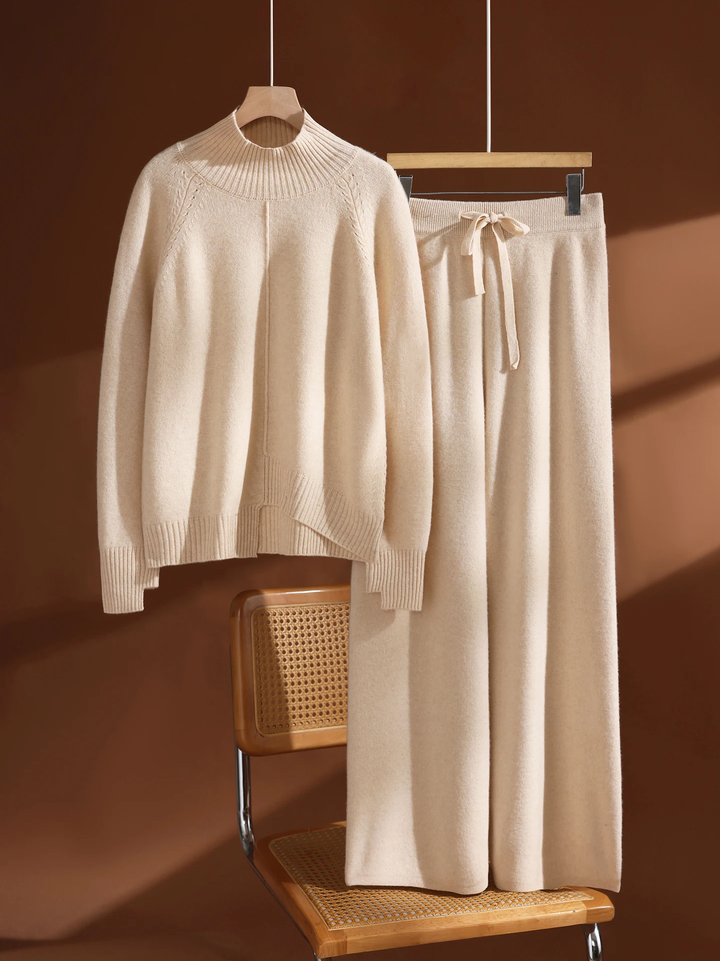 Two-piece 100% Pure Wool Suit Women's Autumn Winter Turtle Neck Pullover Sweater Loose Knit Base Layer Straight Wide Leg Pants
