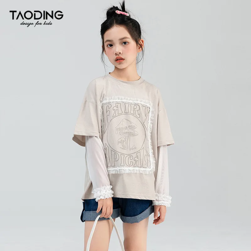 

Baby Girl Top Girls Fake Two T-shirt Loose Summer New Sun Protection Sleeve Printing Mesh Fashion Casual Comfort Design Sense