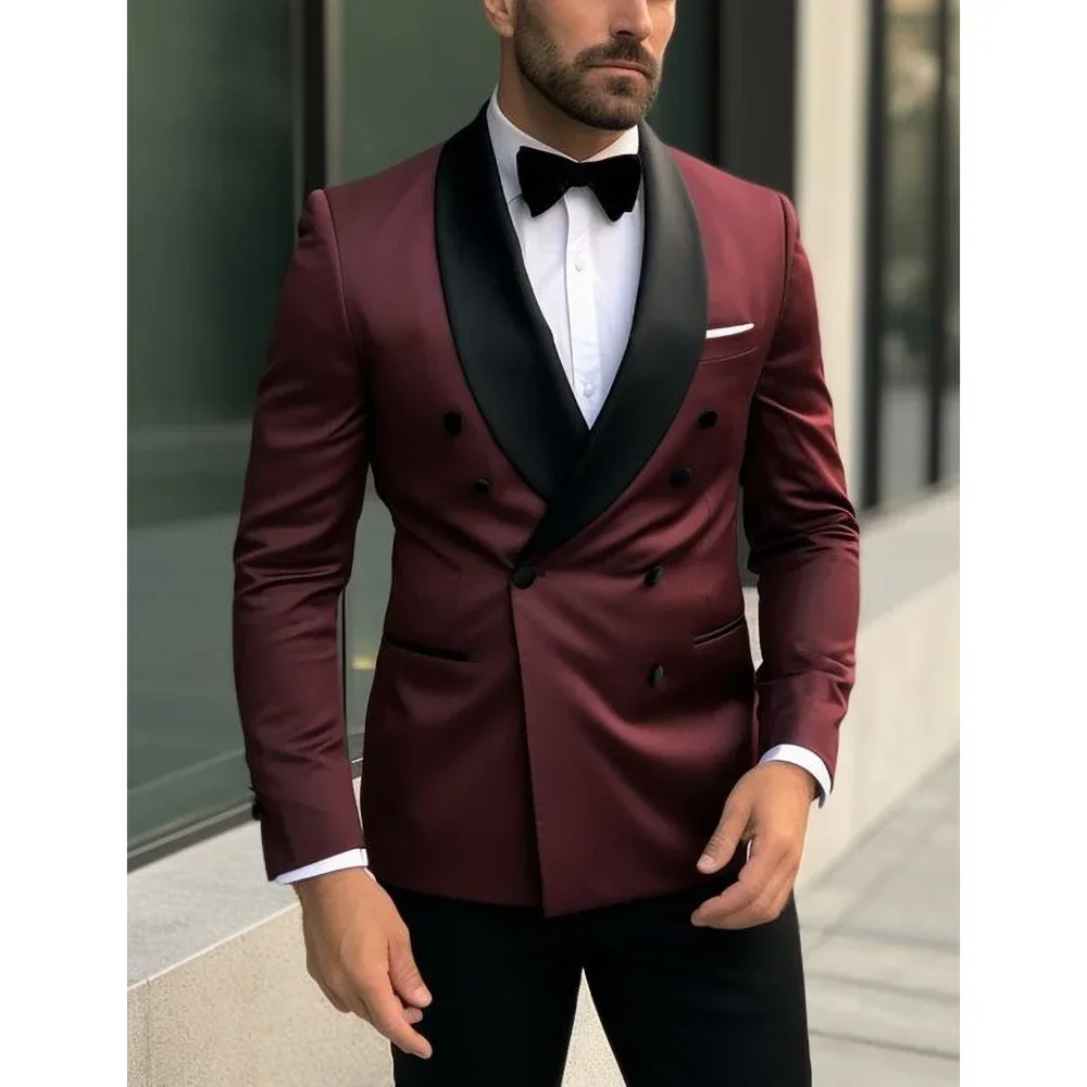 

Fashion Solid Men Suits Two Piece Chic Shawl Lapel Double Breasted (Blazer+Pants) Elegant Wedding Tuxedo Party Dinner Suit Slim