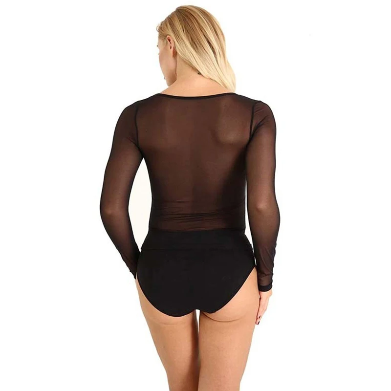 Camiseta Sexy transparente de malla para mujer, Body de manga larga, cuello alto, Top corto de tul, blanco y negro